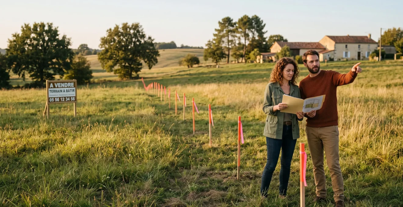 Couple visitant un terrain constructible délimité par des piquets de bornage orange, avec panneau de vente visible, dans un paysage périurbain de Nouvelle-Aquitaine sous lumière dorée