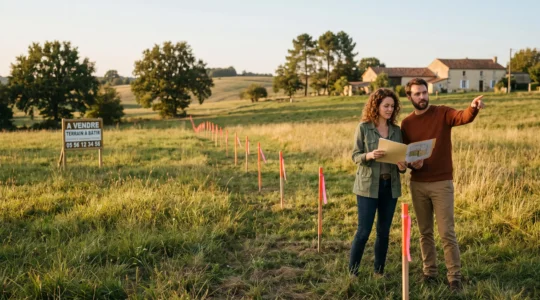 Couple visitant un terrain constructible délimité par des piquets de bornage orange, avec panneau de vente visible, dans un paysage périurbain de Nouvelle-Aquitaine sous lumière dorée