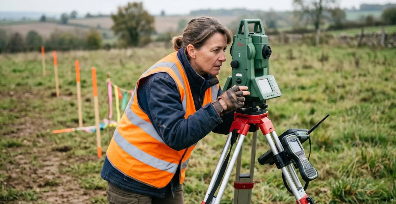 Géomètre-expert utilisant un théodolite sur trépied pour opération de bornage d'un terrain, piquets orange visibles en arrière-plan