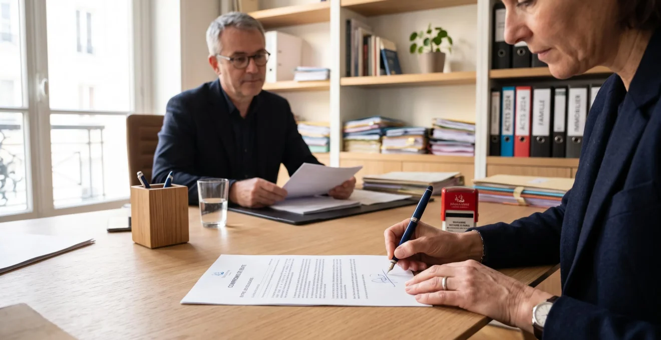 Main signant un compromis de vente de terrain sur un bureau d'étude notariale contemporaine, document en français partiellement visible