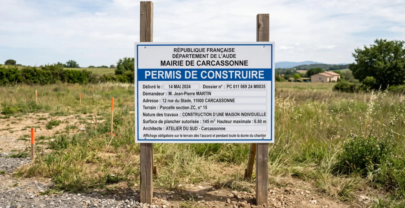 Panneau réglementaire de permis de construire en français installé sur poteaux devant un terrain vierge en zone périurbaine